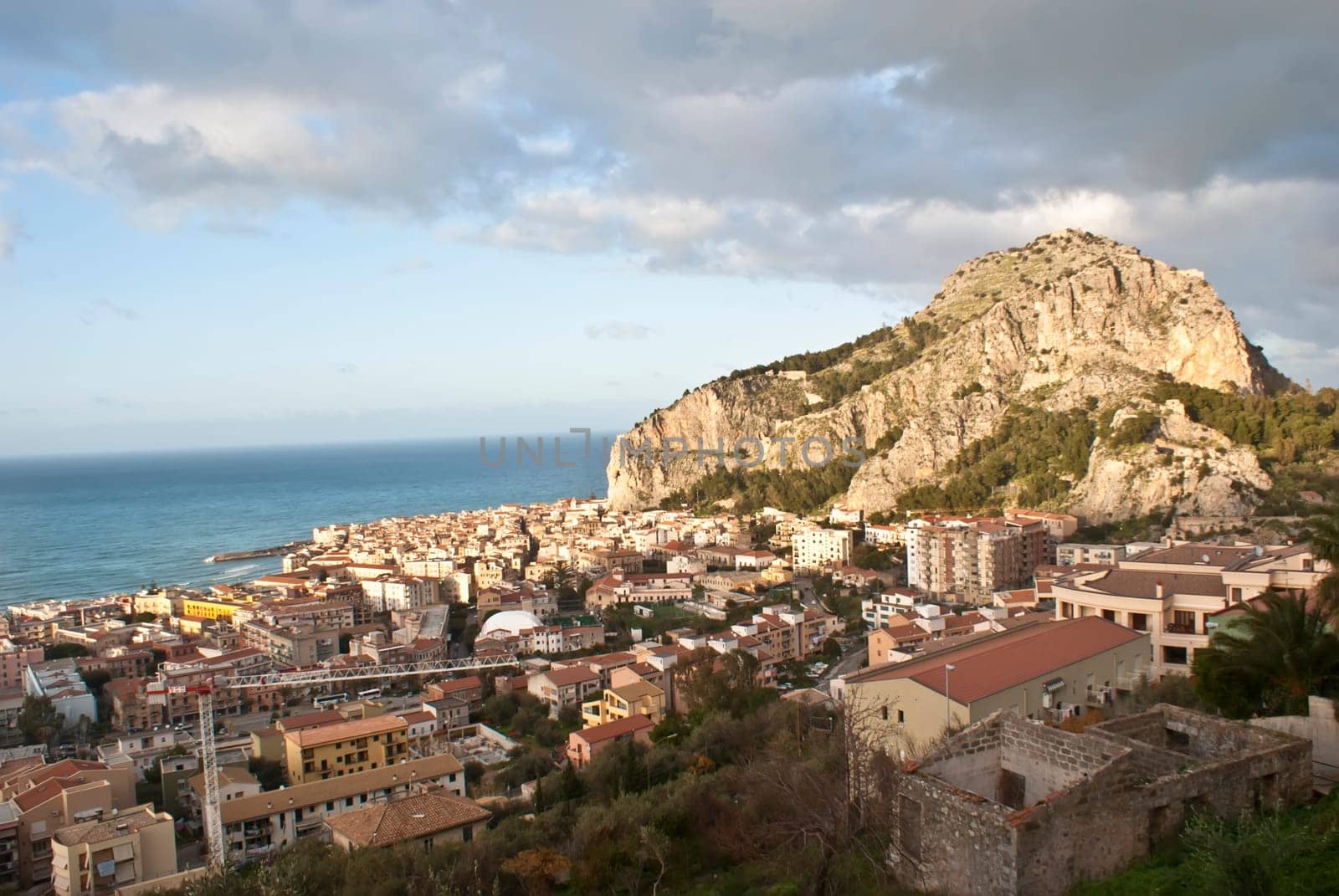 View of the Cefalù with sea and mountain.Sicily- Italy