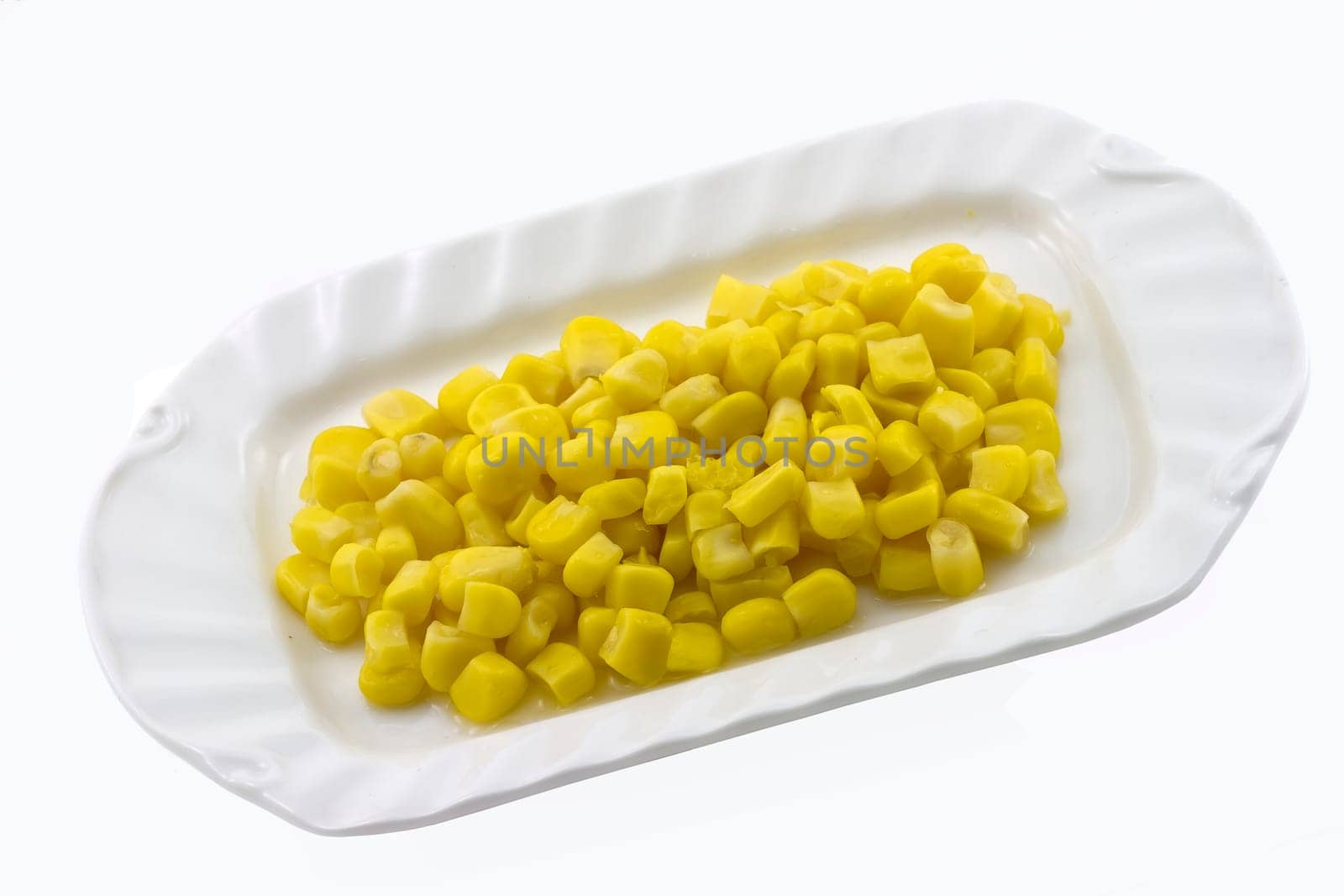 steamed corn seeds in serving dish type, isolated on white background
