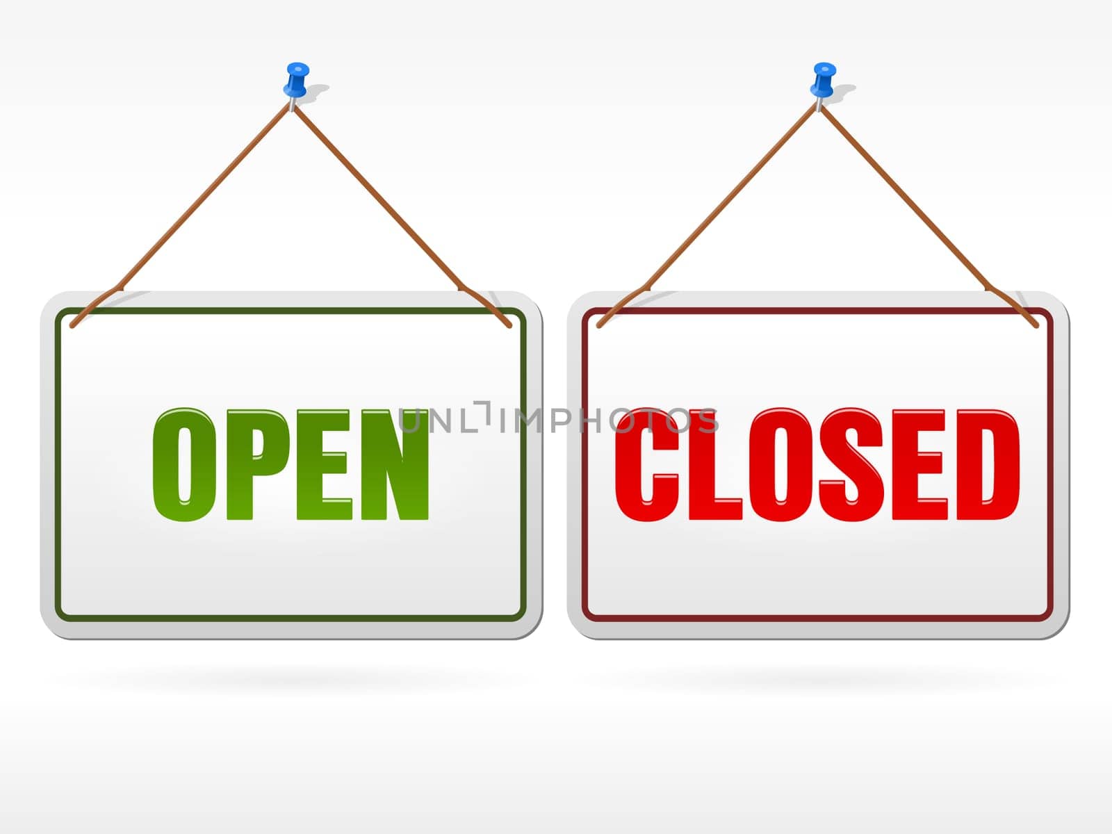 White hanging signs for storefront with Open and Closed text in green and red