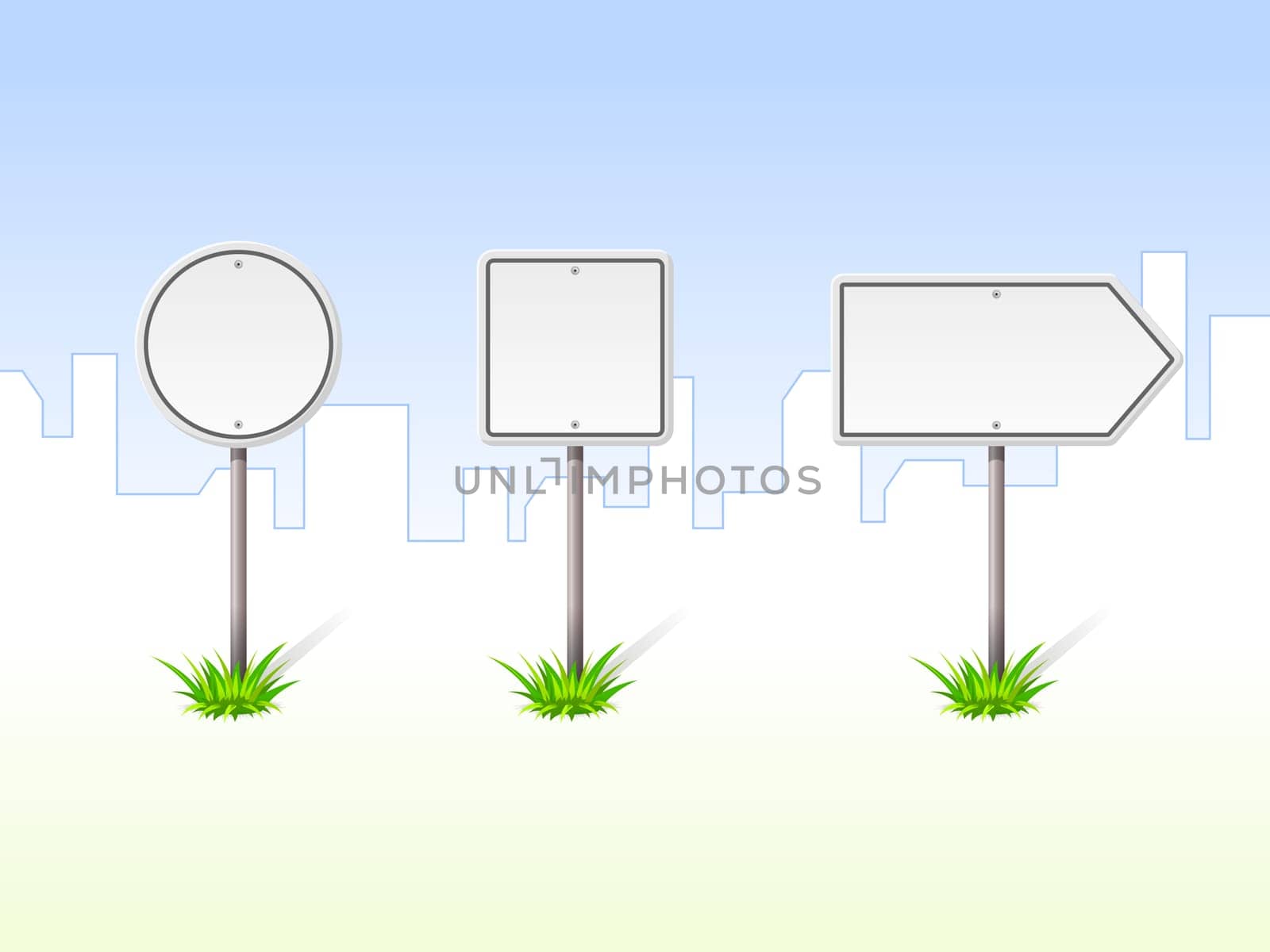 Blank Traffic Signs with blue Cityscape in the background