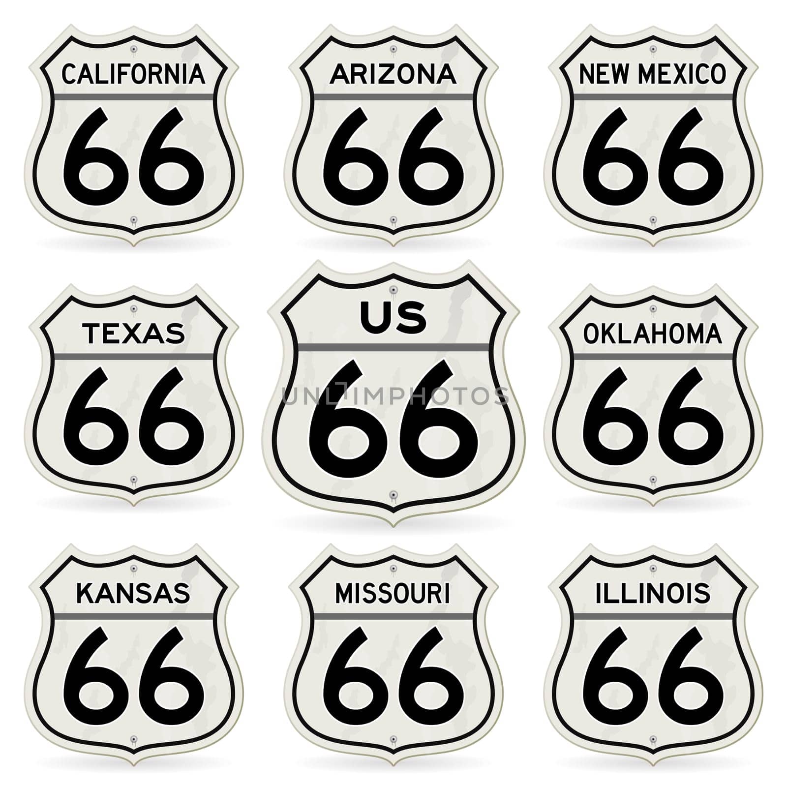 Classic black and white historical highway signs scratched here and there