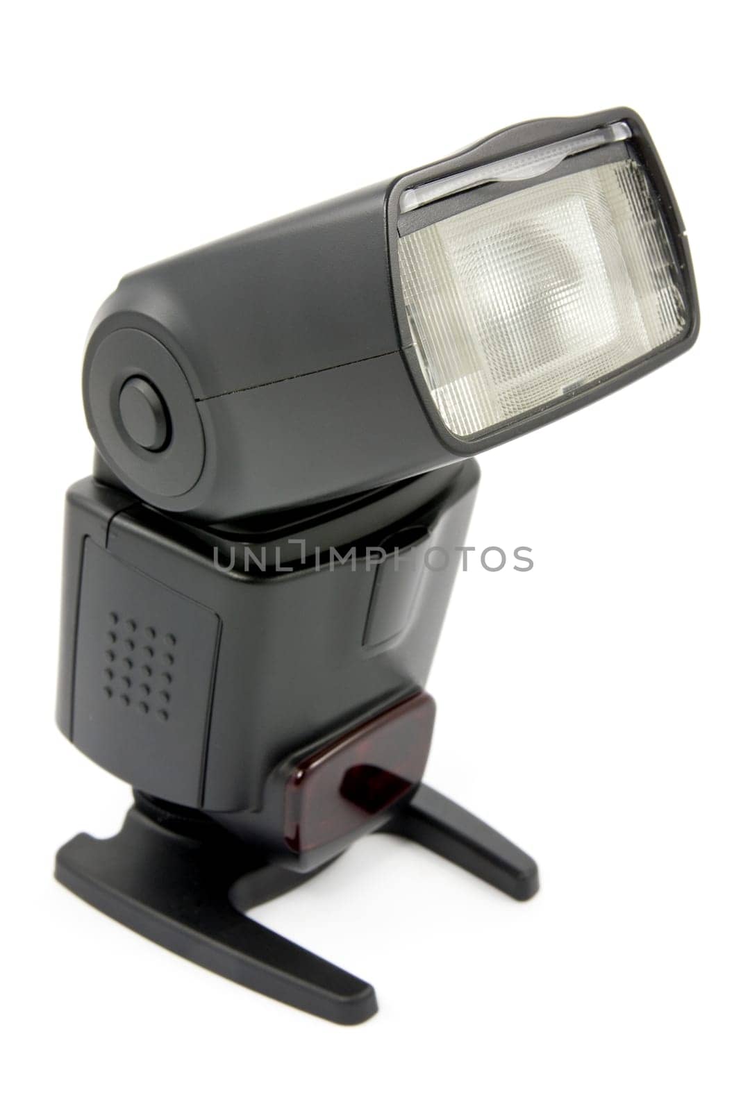 camera flash mounted on a plate, onto white background.