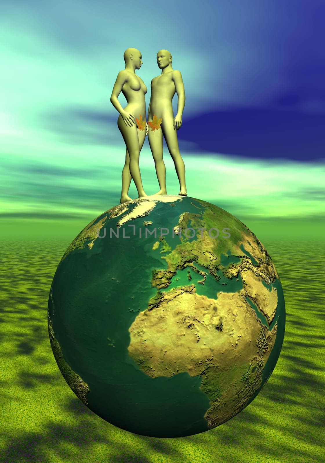 Adam and Eve with leaf upon the earth