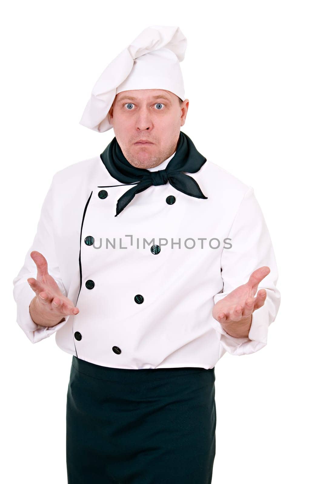 scared the chef isolated on white background