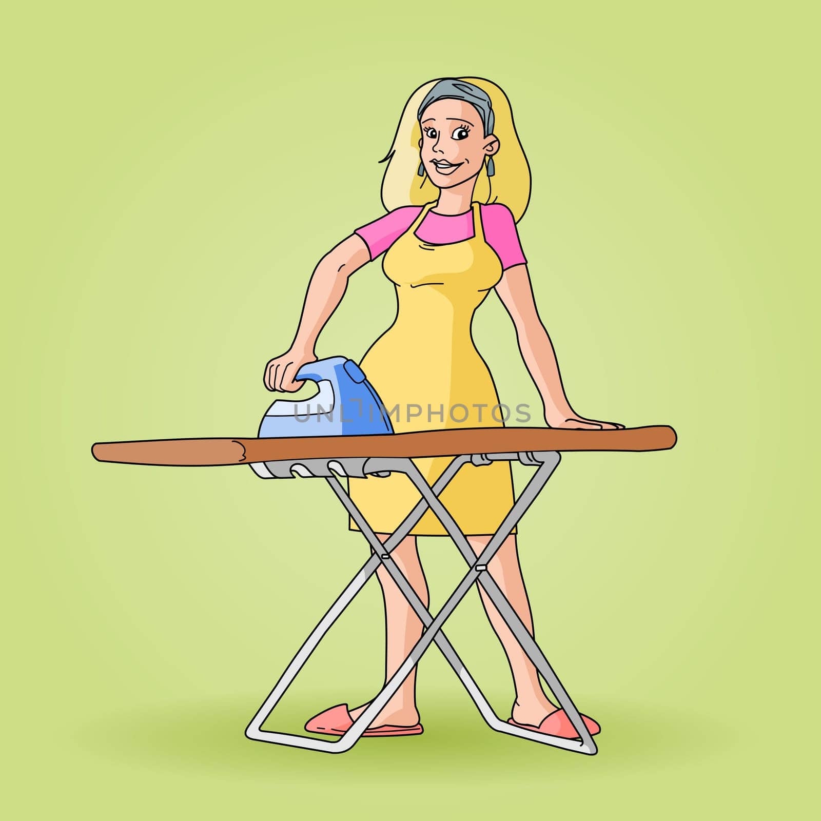 Ironing board and young wife ready to begin