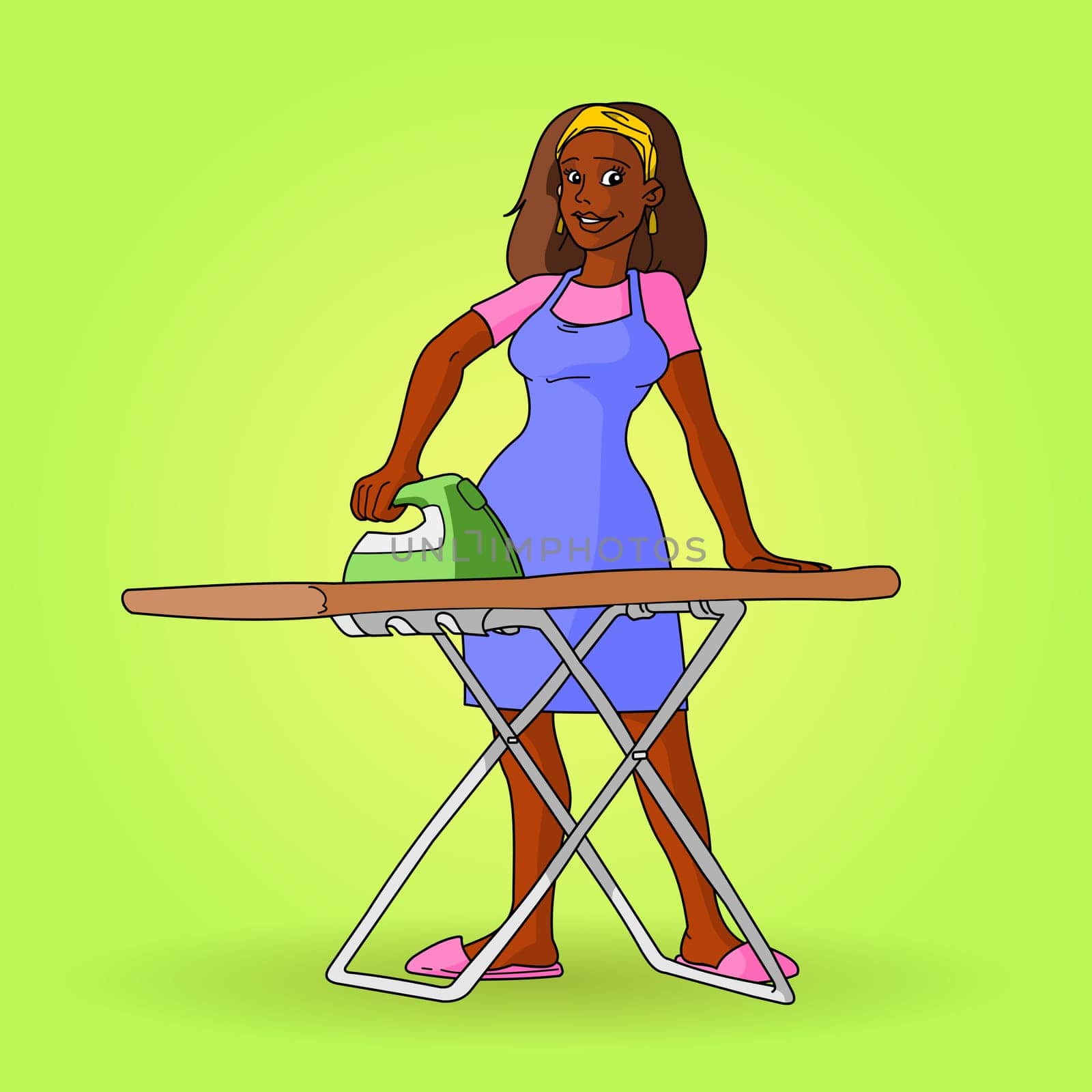 Afro American lady ironing concept as a vector illustration