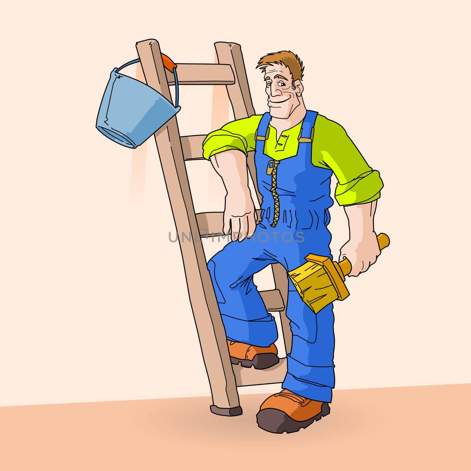 Worker in a blue dress on a light brown background with ladder