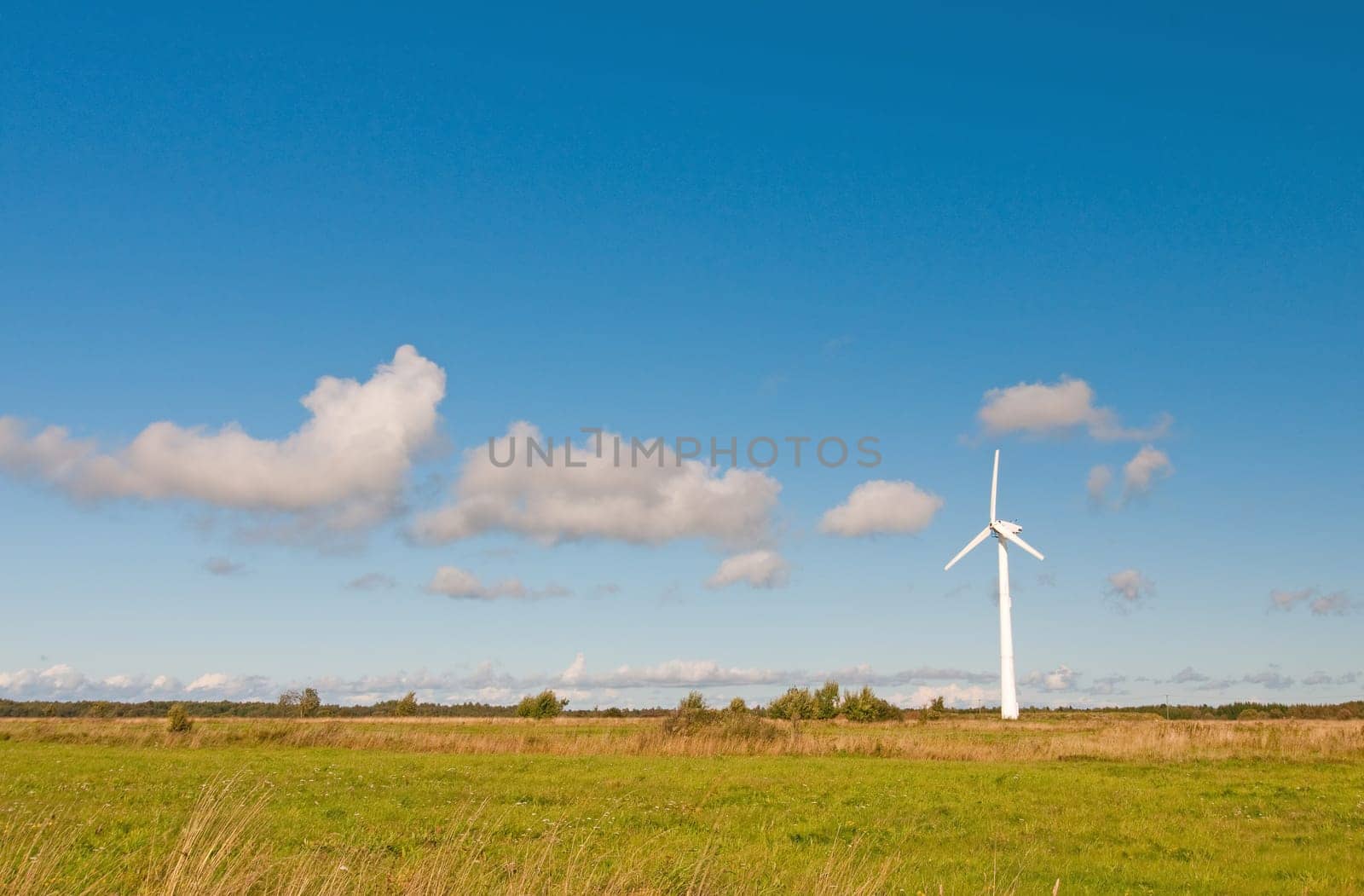 Shot of landscape with windmill and blue sky