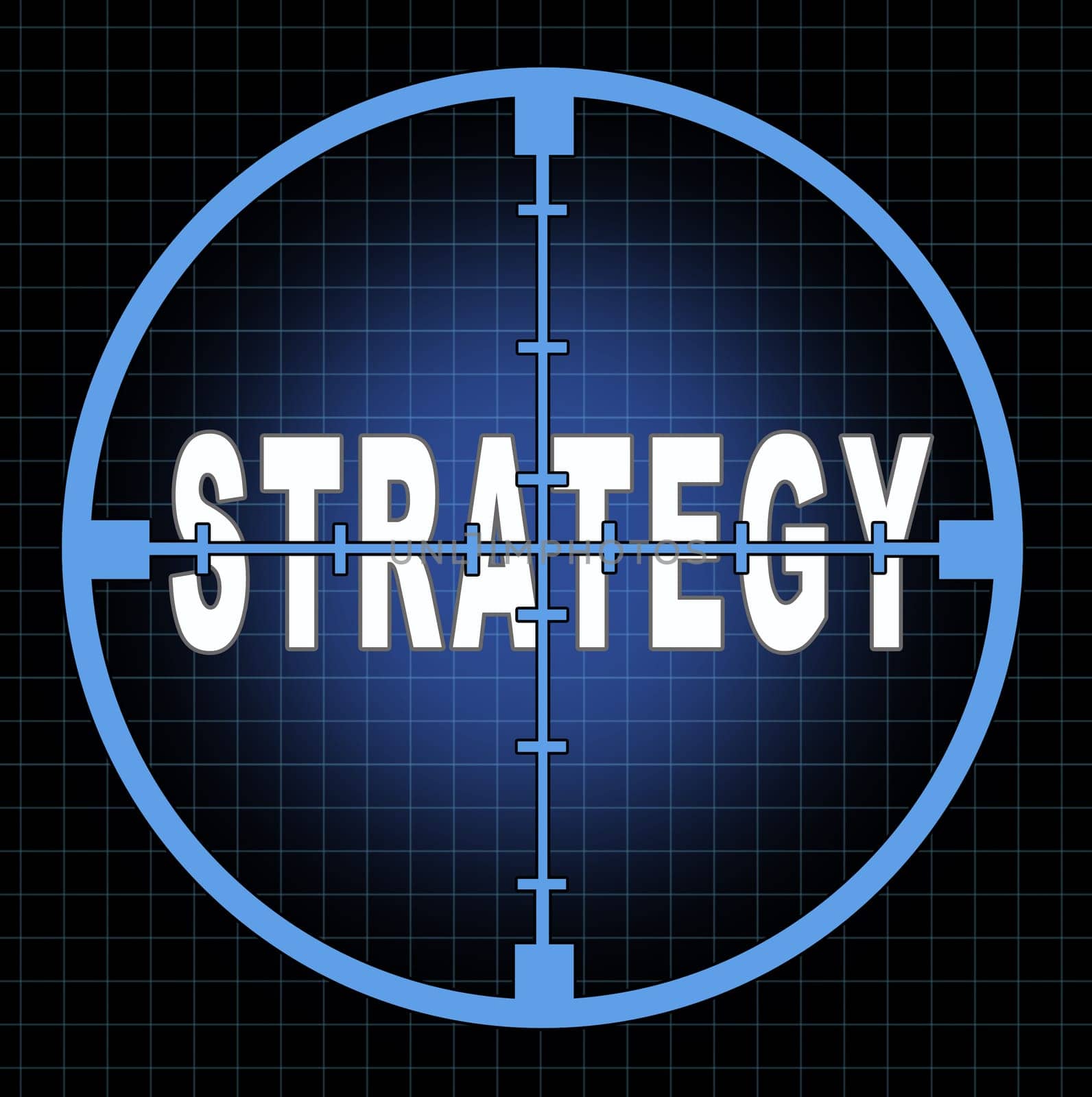 Strategy and focus on business goals and planning represented by an aiming crosshairs with the text showing the concept to see clearly the strategic aim and passion to acheive planned success.