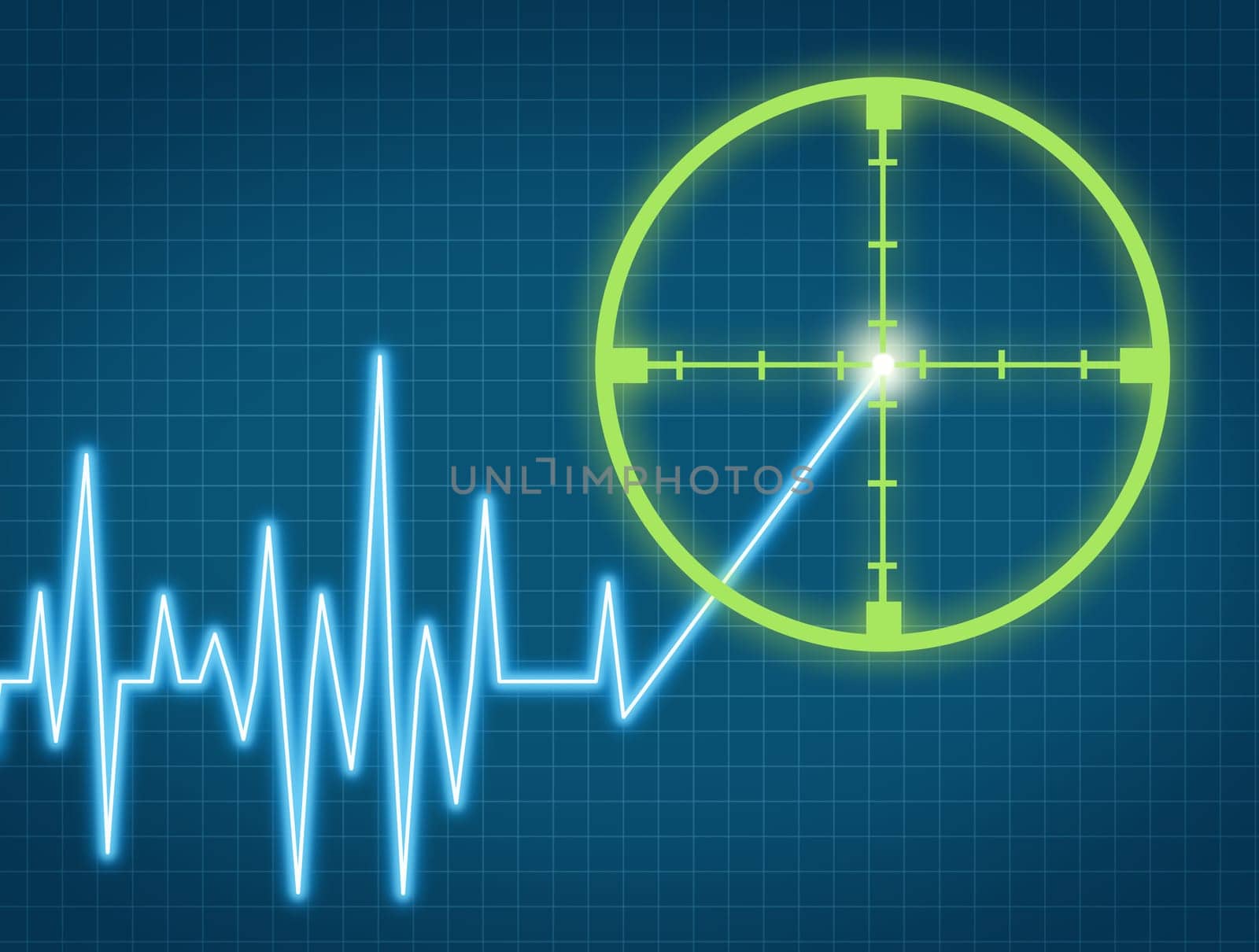 Stock price target aiming to buy the equity from an individual company at the right high price for a profit represented by a chart with crosshairs targeting the rising ticker symbol.