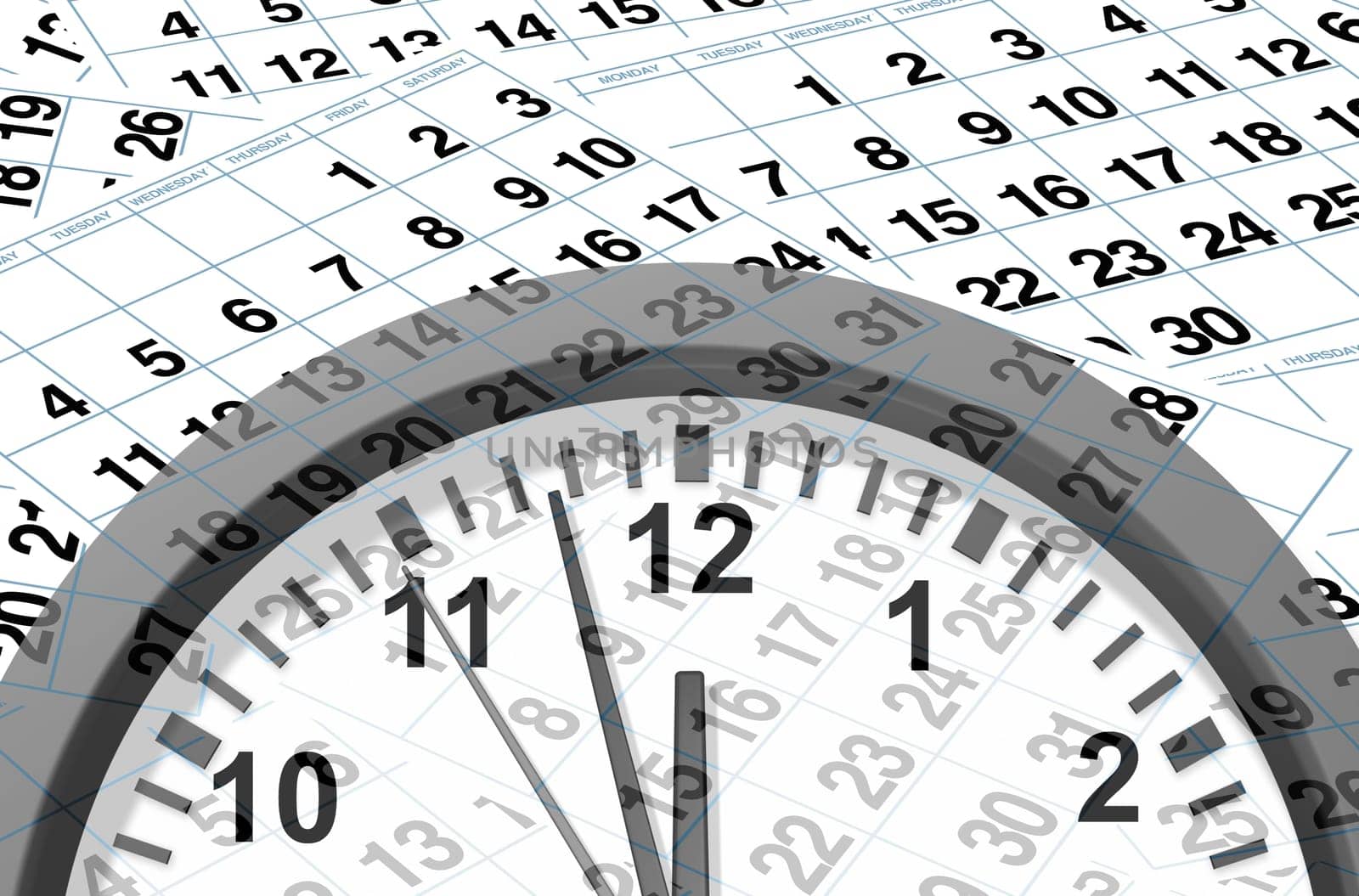 Time and deadlines calendar pages representing time and important dates in a month or days of the week represented by individual pages with numbers and clock ticking away in an urgent manner.