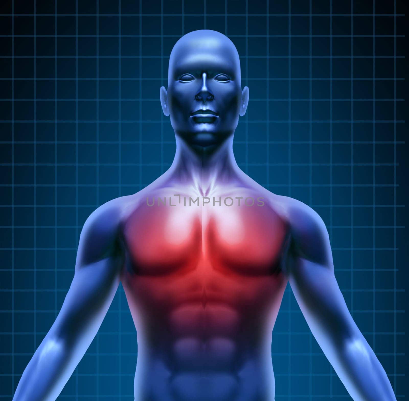 Heart and coronary disease representing the medical concept of cardiac problems stemming from human blood circulation with the heart and arteries represented by a man with a chest highlighted in red.