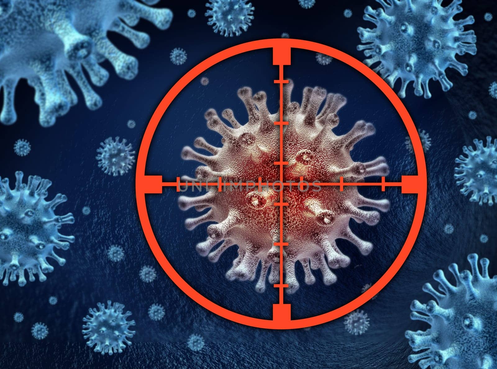 Cure the infection with targeted medical treatment with pharmaceuticals and proper doses of hospital medicine designed by bio scientists and doctors represented by bacterial virus cells with crosshairs target.