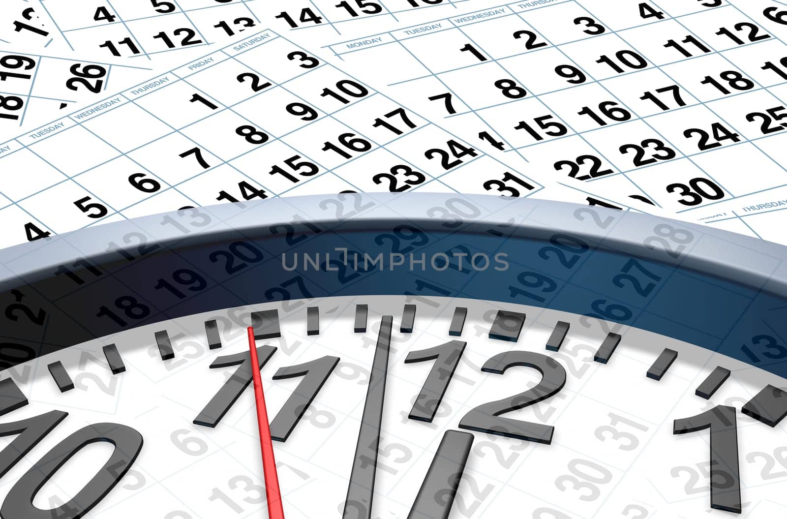 Time and date with calendar pages representing important dates in a month or days of the week represented by individual pages with numbers.