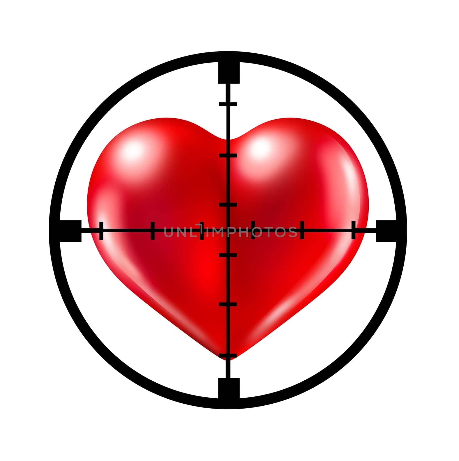 Hunting for love with a crosshair aiming target at a red heart representing the concept of dating and relationships search and searching for your soul mate.