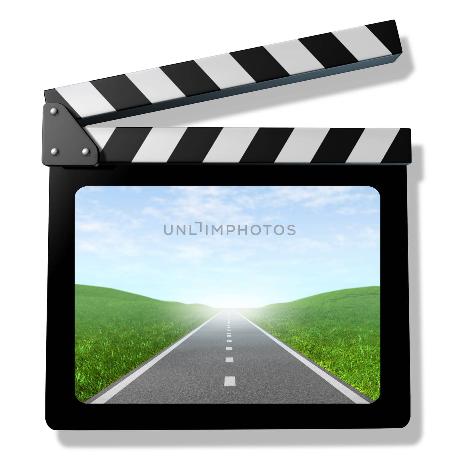 Family trip video symbol featuring a clap bopard film slate and a road with a sky.