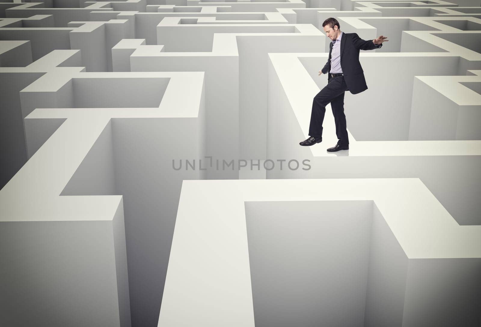 caucasian man walk on 3d maze