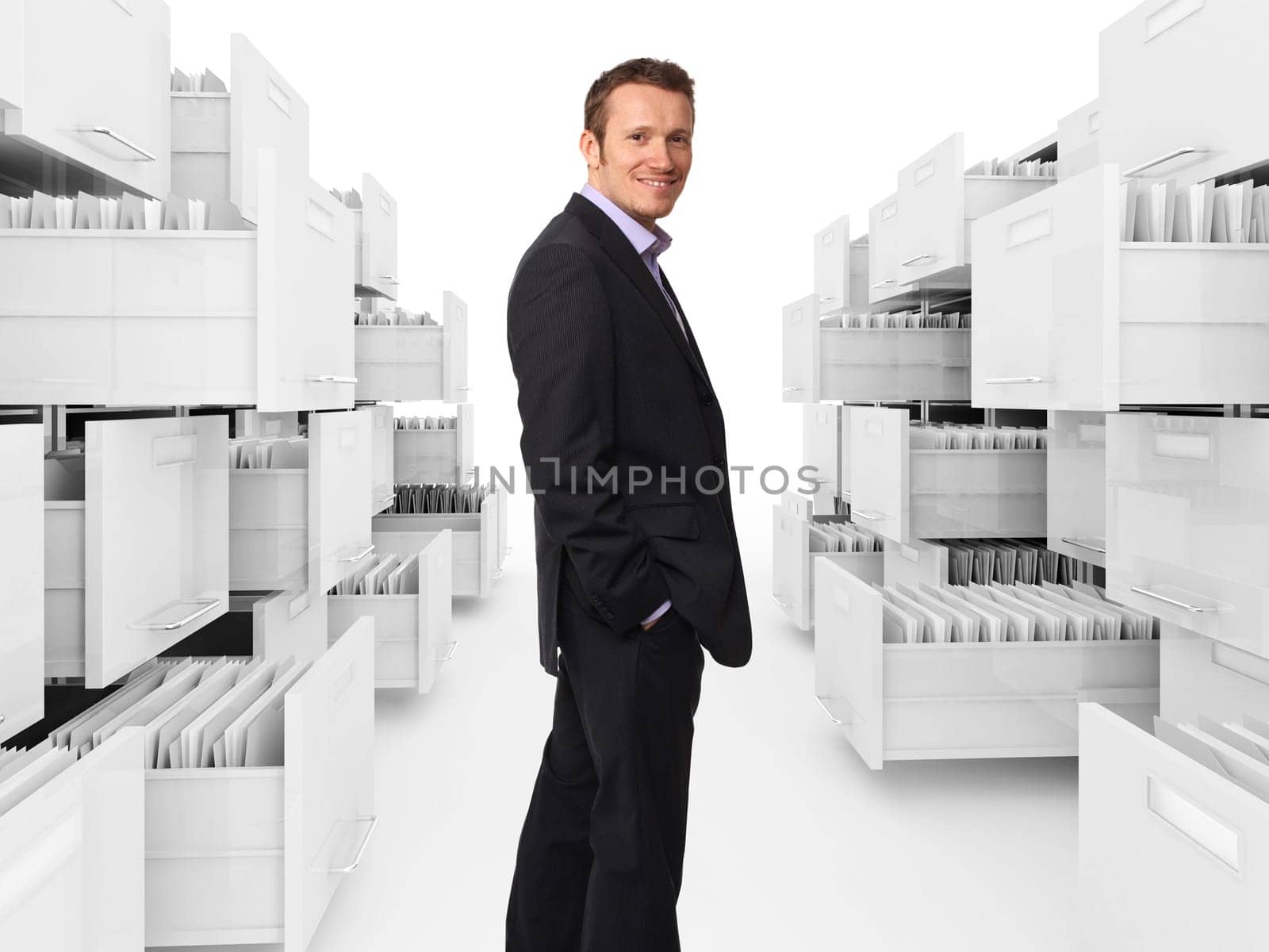classic file cabinet with folder and man portrait