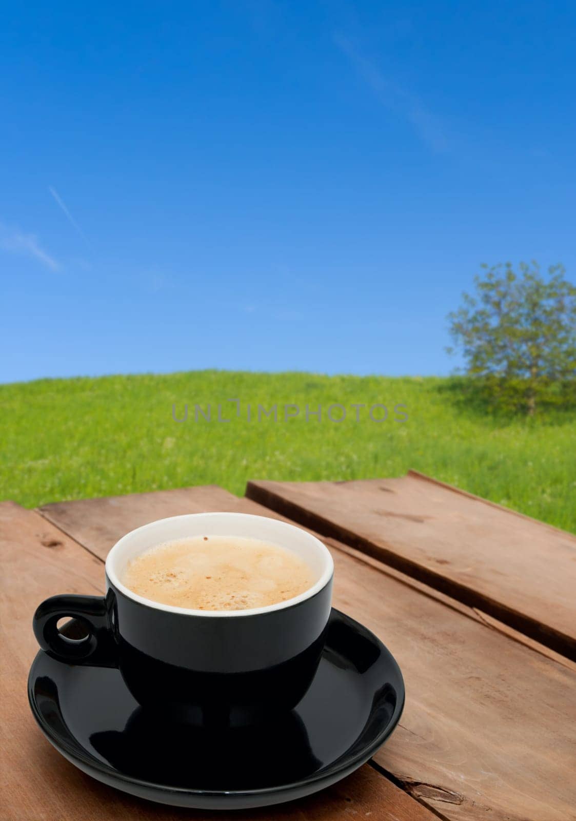 Espresso Coffee on Wooden Table - Outdoors