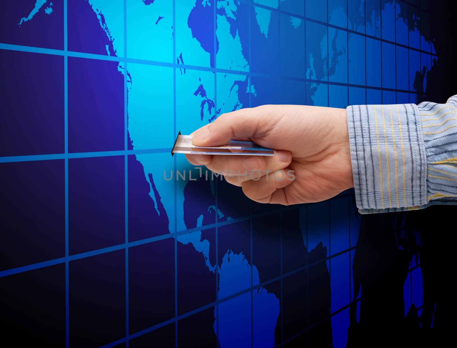 E-Commerce: Mans Hand With Credit Card and Map of World