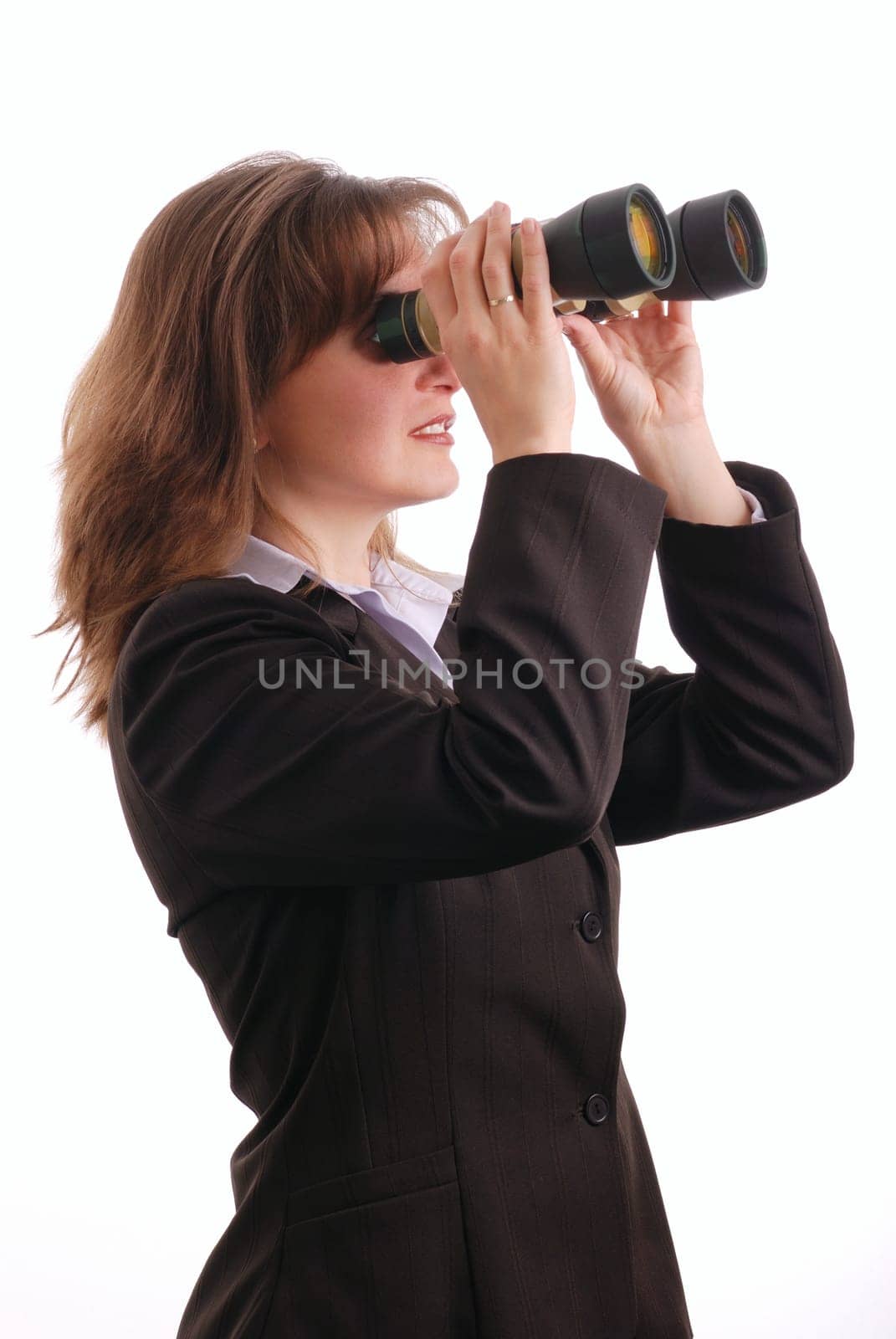 Attractive business woman with binoculars - isolated on white background