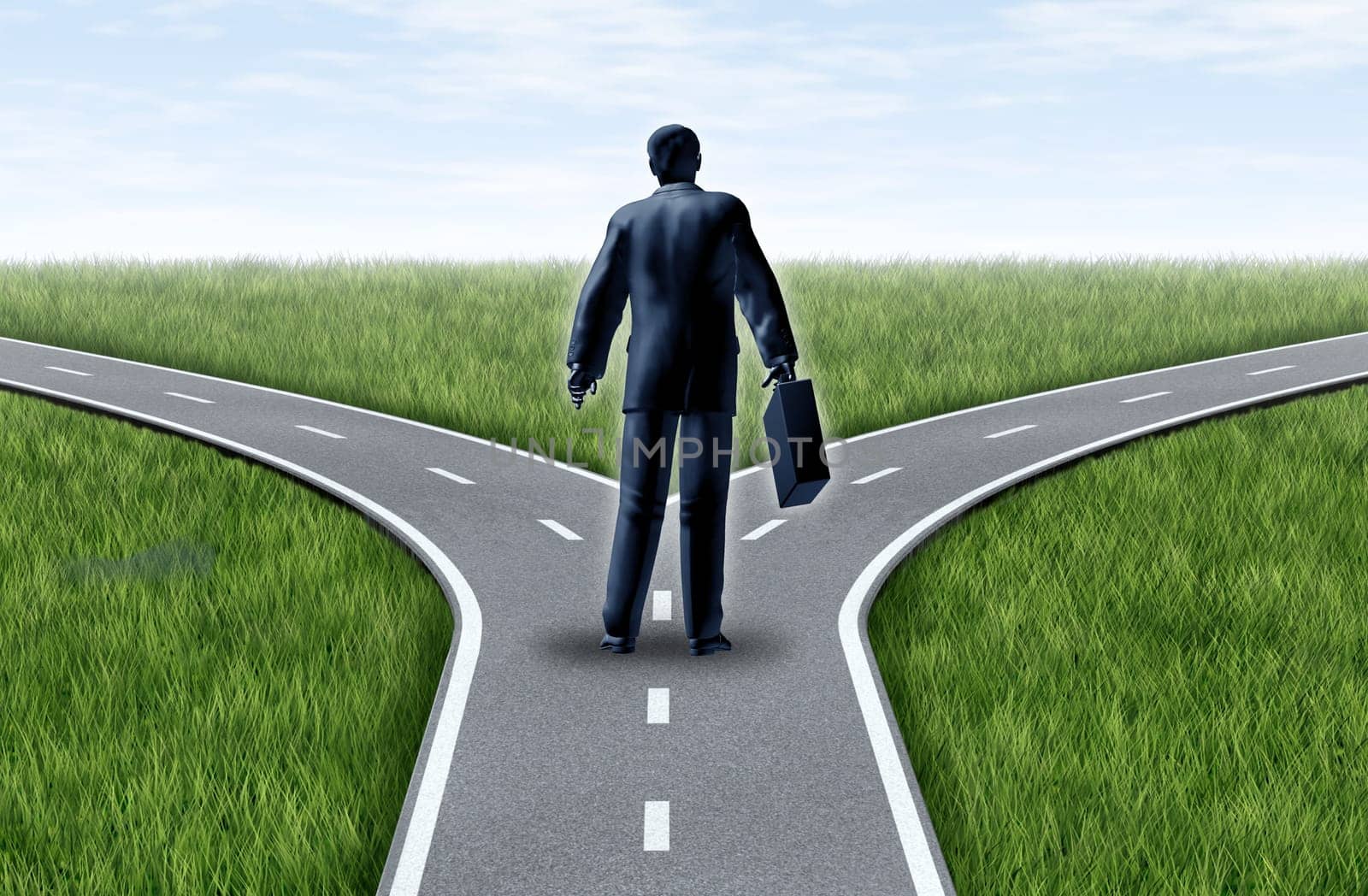 Career decision for a business man at a cross roads standing at a horizon with grass and blue sky showing a fork in the road representing the concept of a strategic dilemma choosing the right direction to go when facing two equal or similar job options.