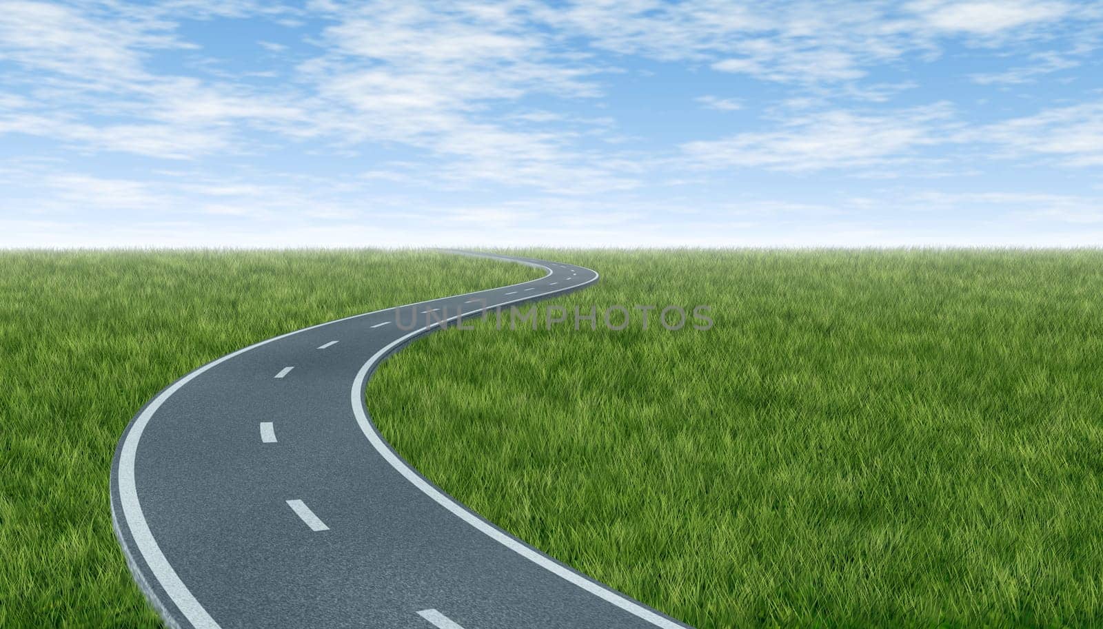 Horizon with curved highway road with green grass and sky landscape representing the concept of a planned strategic journey to a goal related destination represented by a single paved pathway with two lanes.