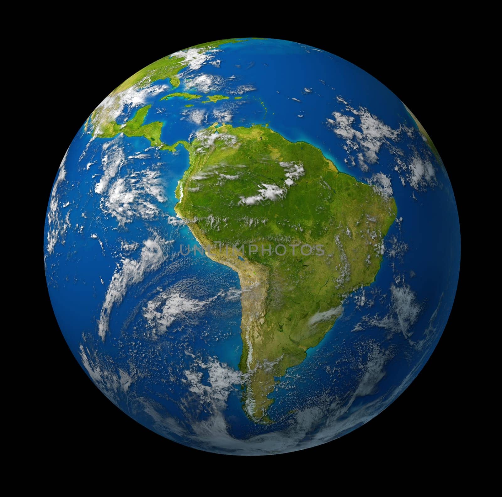 Earth planet featuring South america and latin american countries surrounded by blue ocean and clouds on a black background.