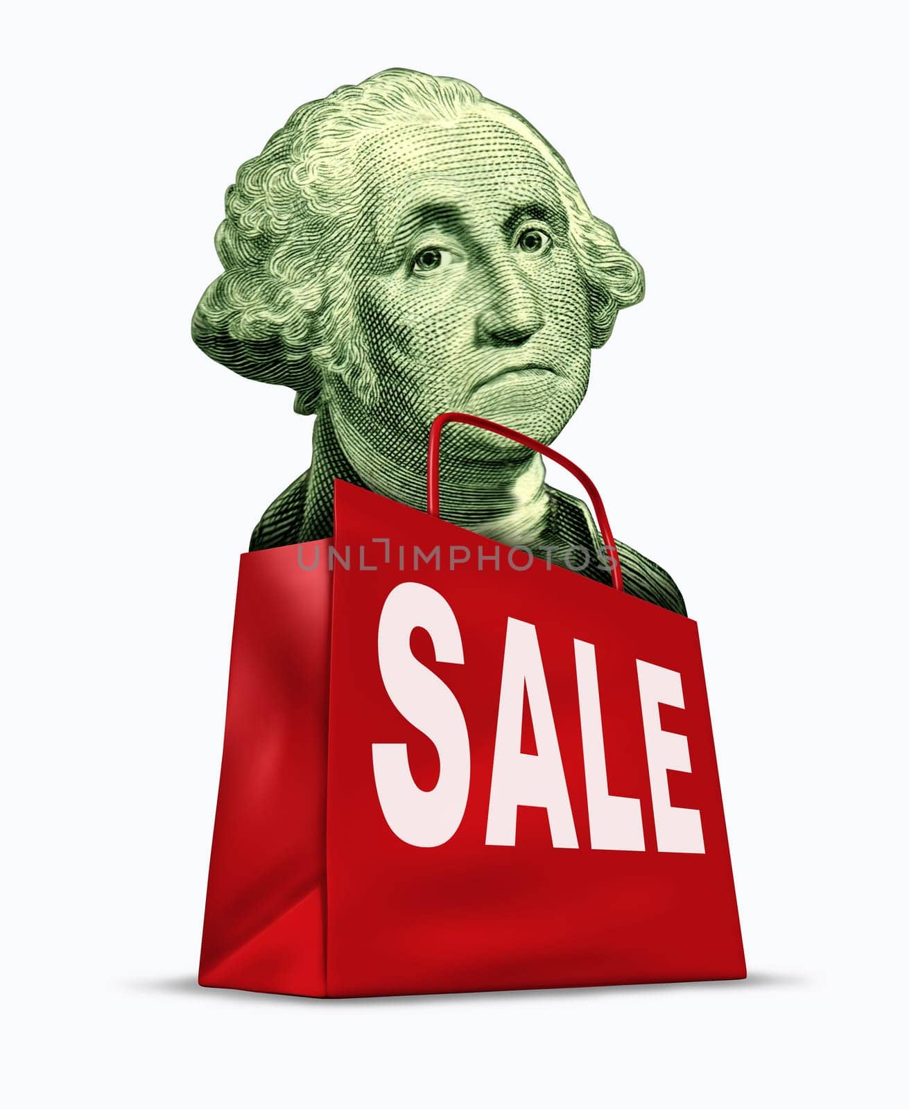 Currency on sale caused by the devaluation of the dollar in relation to the world recession  and U.S. economy represented by a vintage character of George Washington in a shopping bag showing bargain prices.