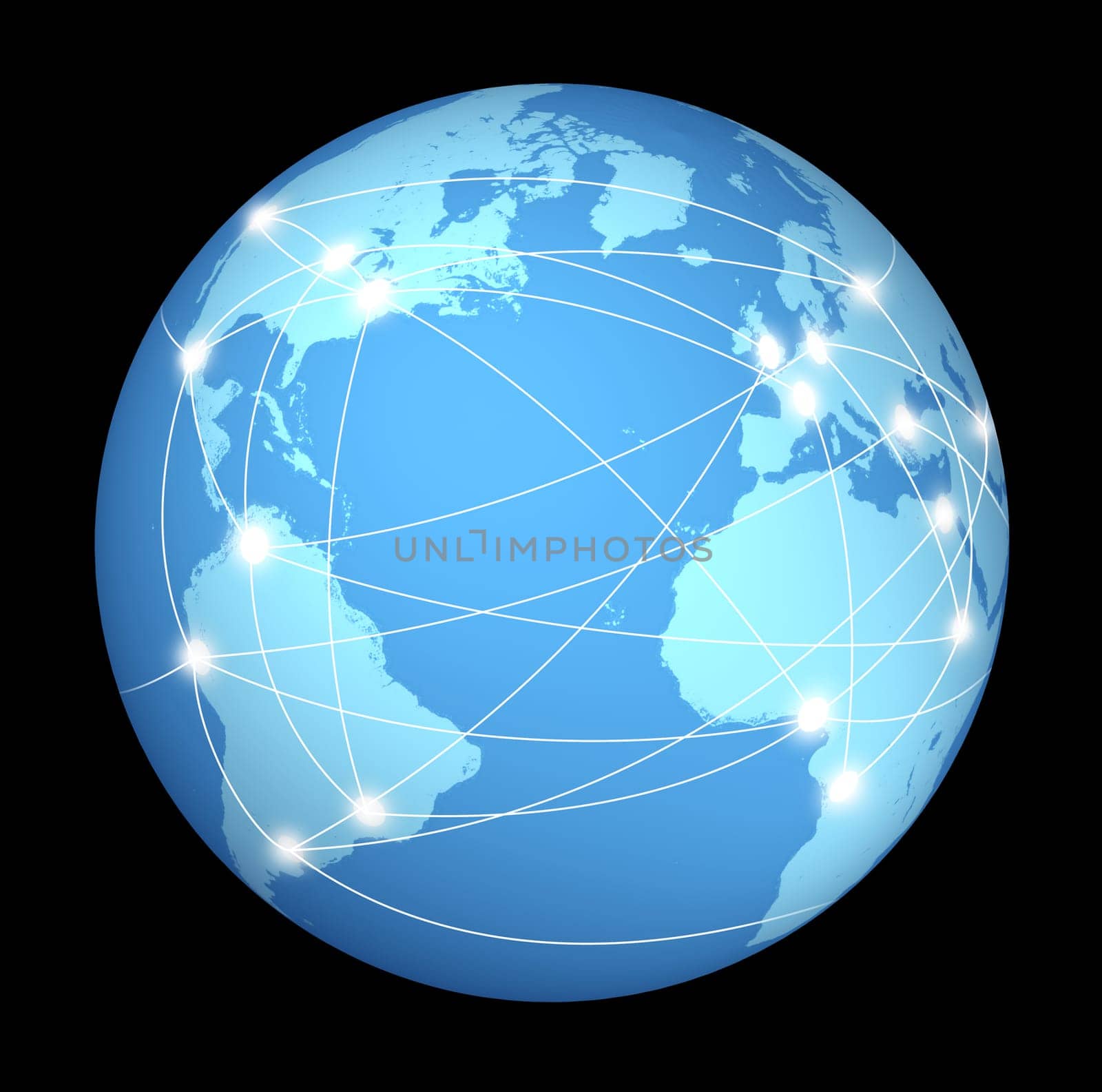 Internet connections and network around the globe represented by a global international sphere on black background showing the communications amongst cities and continents around the world.