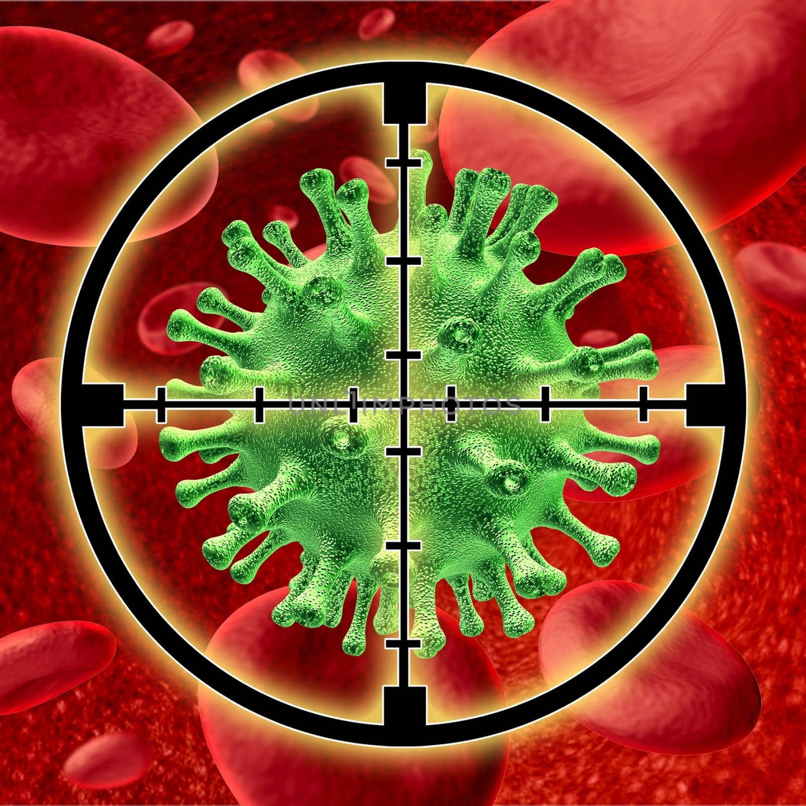 Killing a virus symbol represented by blood cells being attacked by a disease and targeted by crosshairs to cure the patient from the illness.