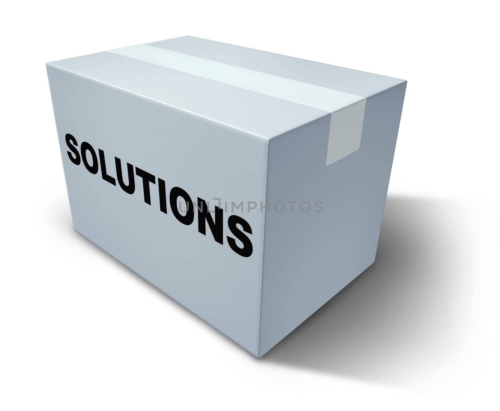 Solutions and answers on a white box representing creative strategies to solving a problem and planning inside a closed box that  can be opened to reveal positive direction for a business.