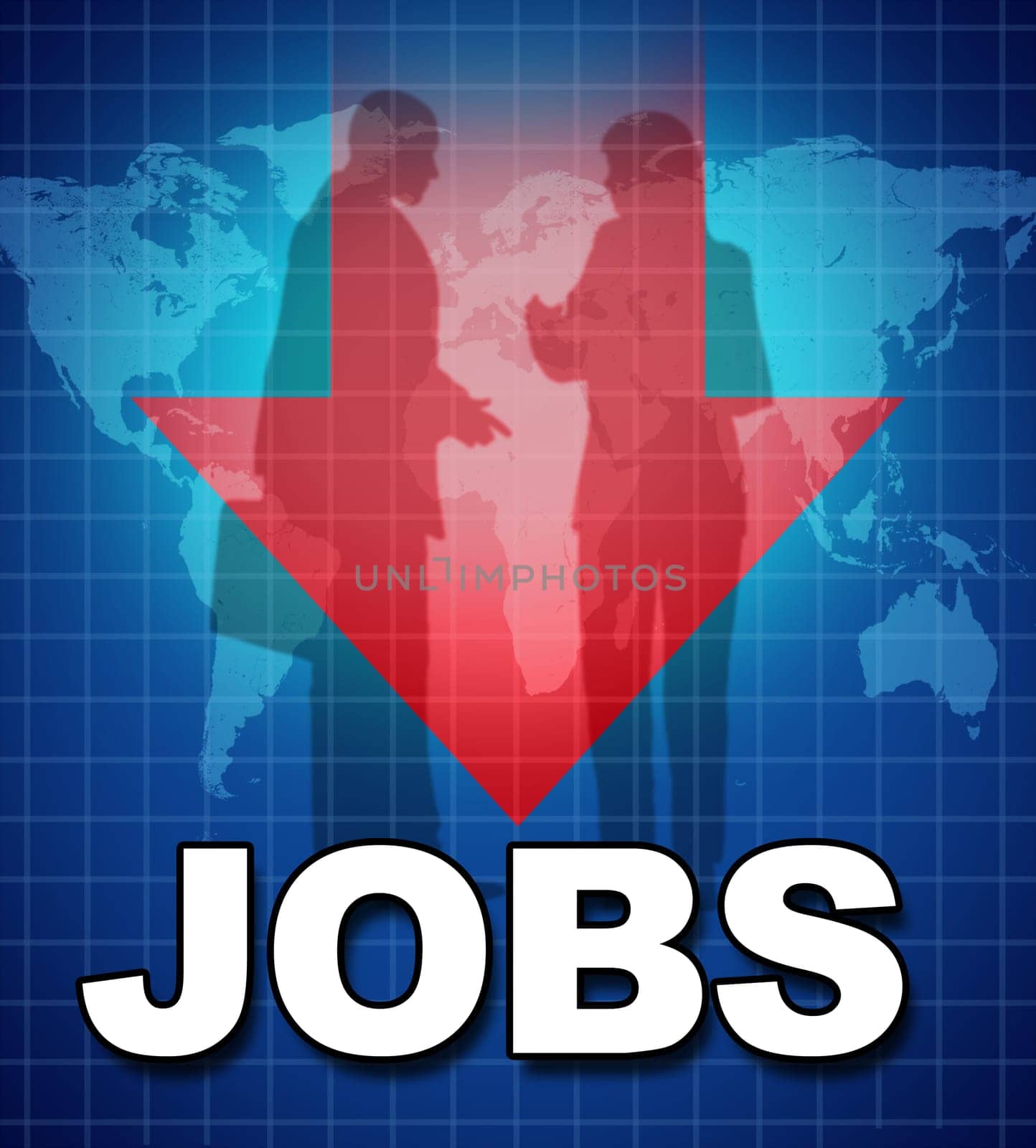 Unemployment and lack of jobs symbol represented by text and a downward pointing arrow showing the shrinking work force and lack of employment due to the bad economy.
