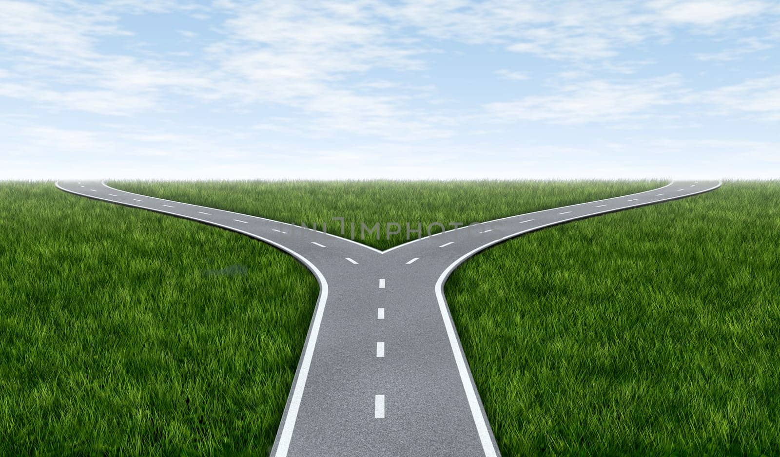 Fork in the road horizon with grass and blue sky showing a fork in the road representing the concept of a strategic dilemma choosing the right direction to go when facing two equal or similar options.