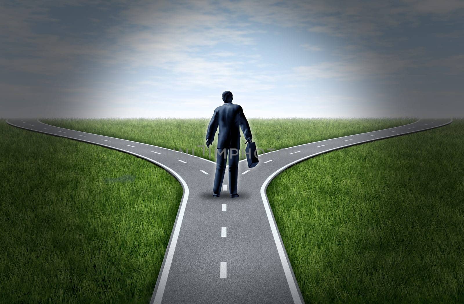 Business man at a cross roads standing at a horizon with grass and blue sky showing a fork in the road representing the concept of a strategic dilemma choosing the right direction to go when facing two equal or similar options.