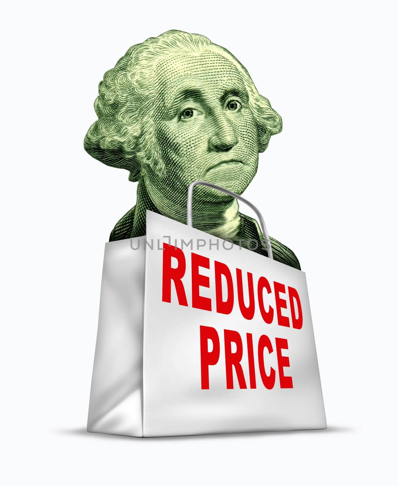 Currency discount caused by the devaluation of the dollar in relation to the world recession and U.S. economy represented by a vintage character of George Washington in a shopping bag.