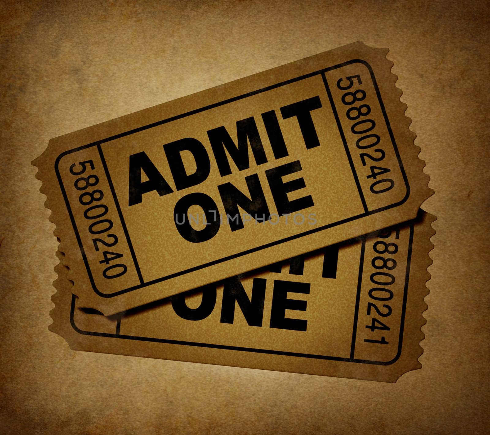 movie tickets with vintage grunge texture representing two stubs that admit one for show business price to enter and the cinematic theater entrance fee to go see the movies at the big screen.