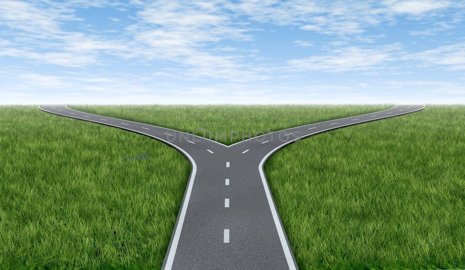 Cross roads horizon with grass and blue sky showing a  fork in the road or highway business metaphor representing the concept of a strategic dilemma choosing the right direction to go when facing two equal or similar options.