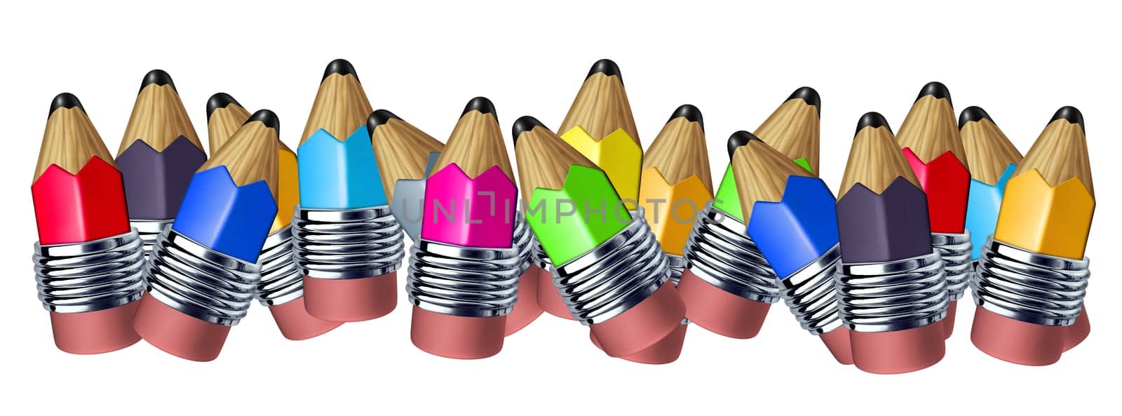 Multi color mixed pencil border with mini pencils showing the concept of education a school instrument used for writing and drawing art.