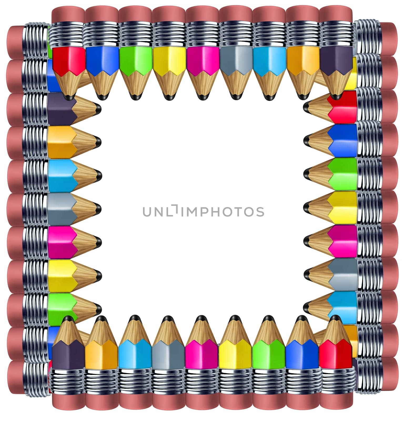 Frame made of pencils with multi color border featuring mini pencils showing the concept of education a school instrument used for writing and drawing art.