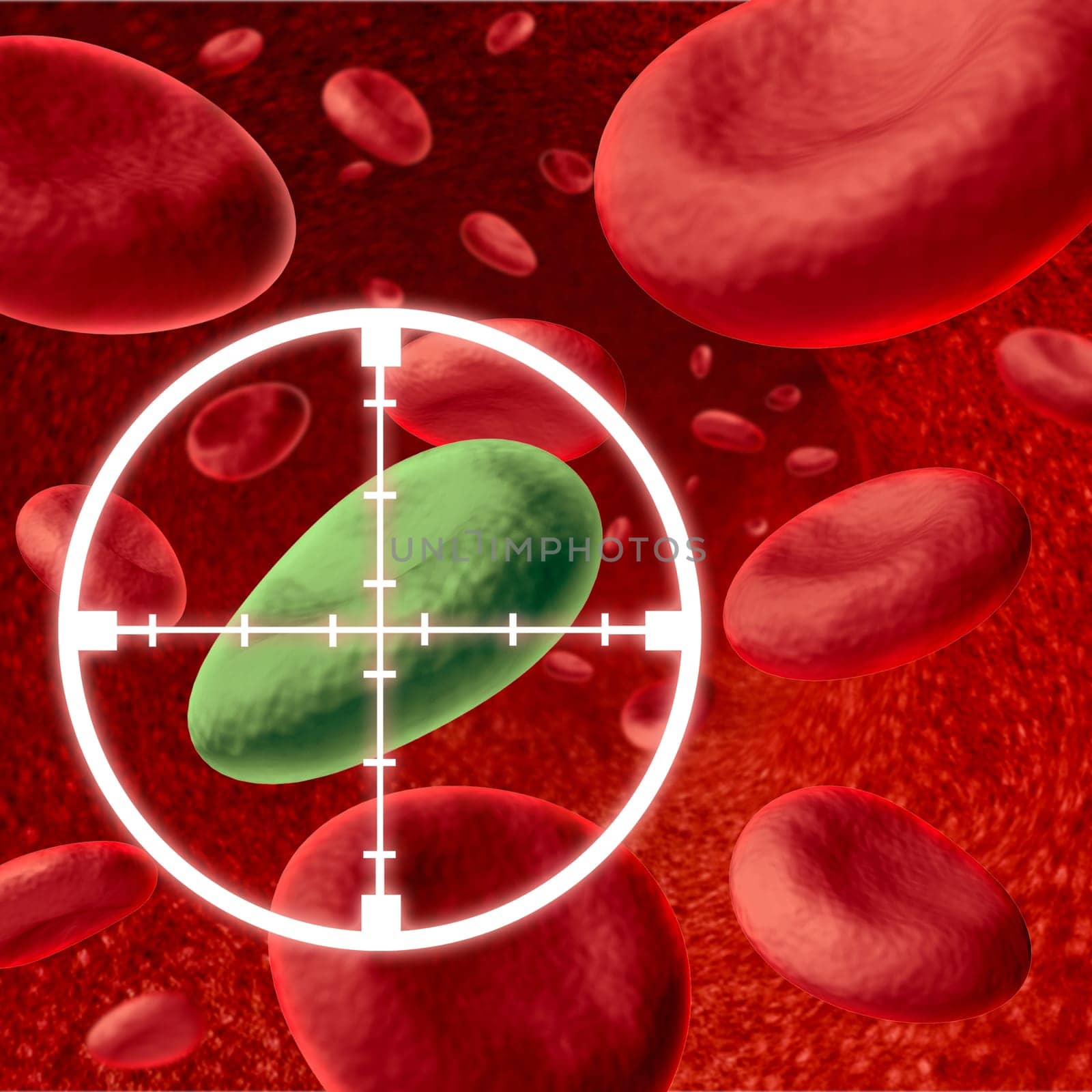 Research into a cure represented by a disease that has entered the human body blood cells and is being targeted by crosshairs to kill the virus intruder for a healthy body.