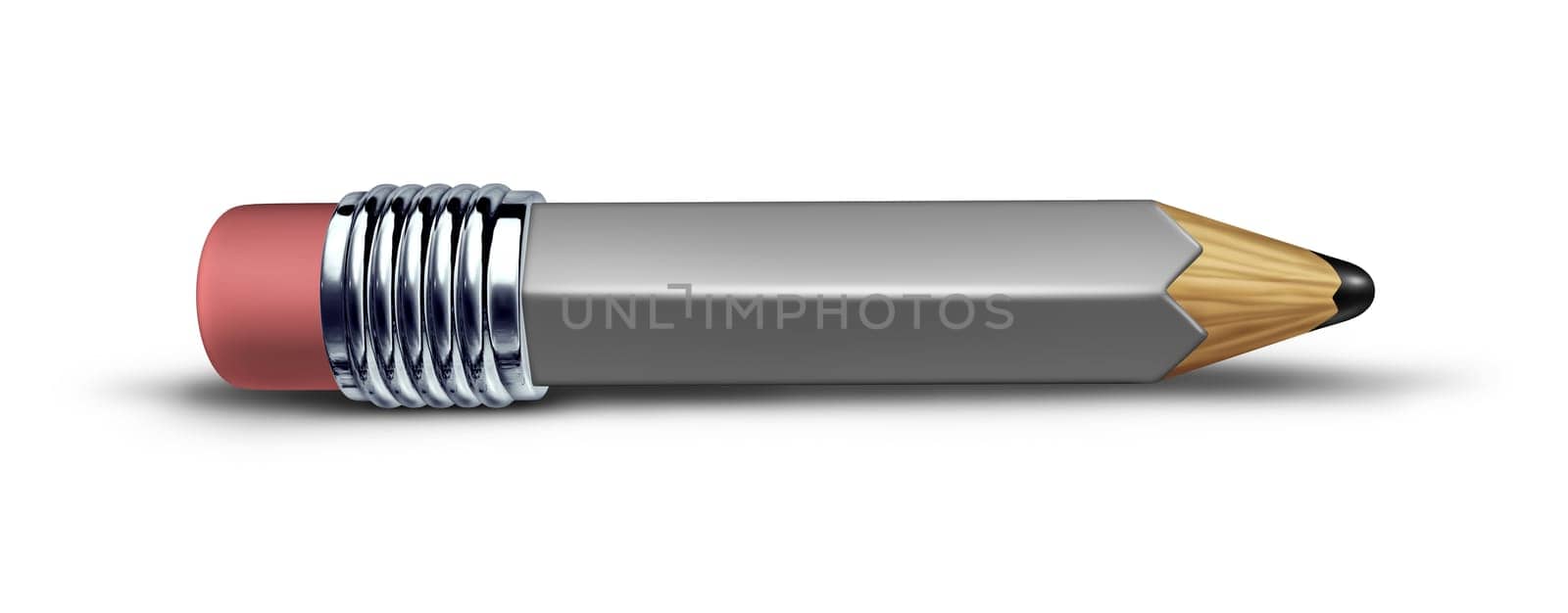 Short grey pencil on a white background lying flat on the floor with a shadow representing the concept of education and schools with a focus on writing and drawing.