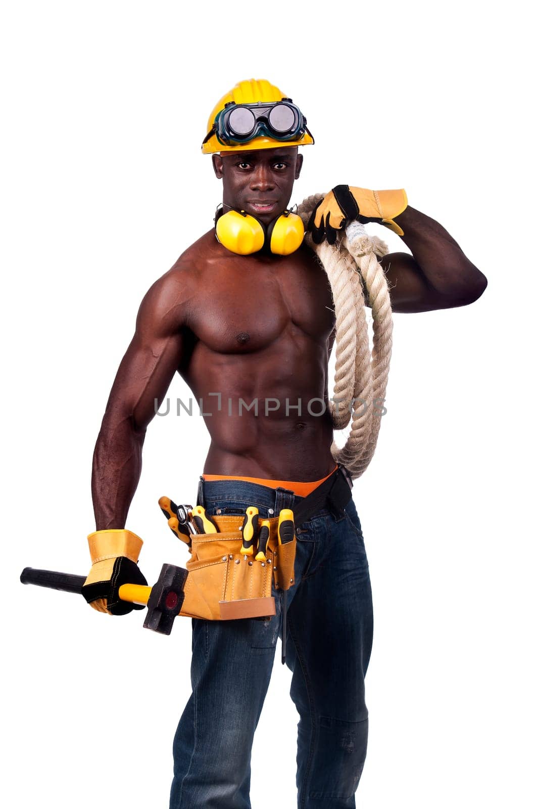 Strong build black construction worker with a rope isolated in white