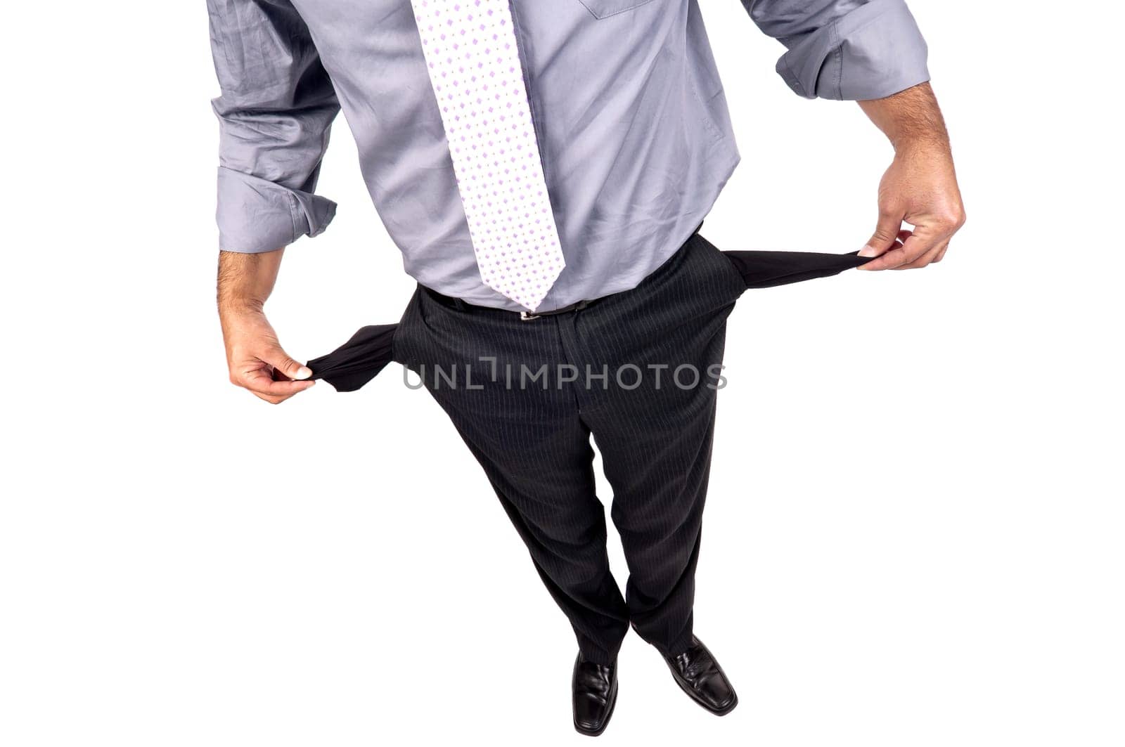 Man&#039 s bodypart showing empty pockets isolated in white