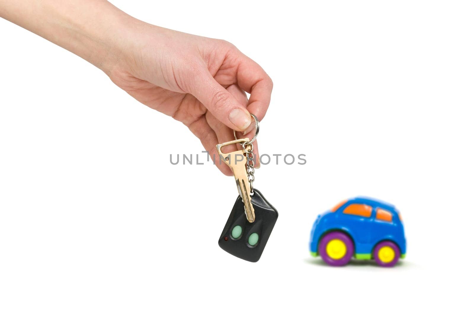 Car and hand with keys isolated on white background
