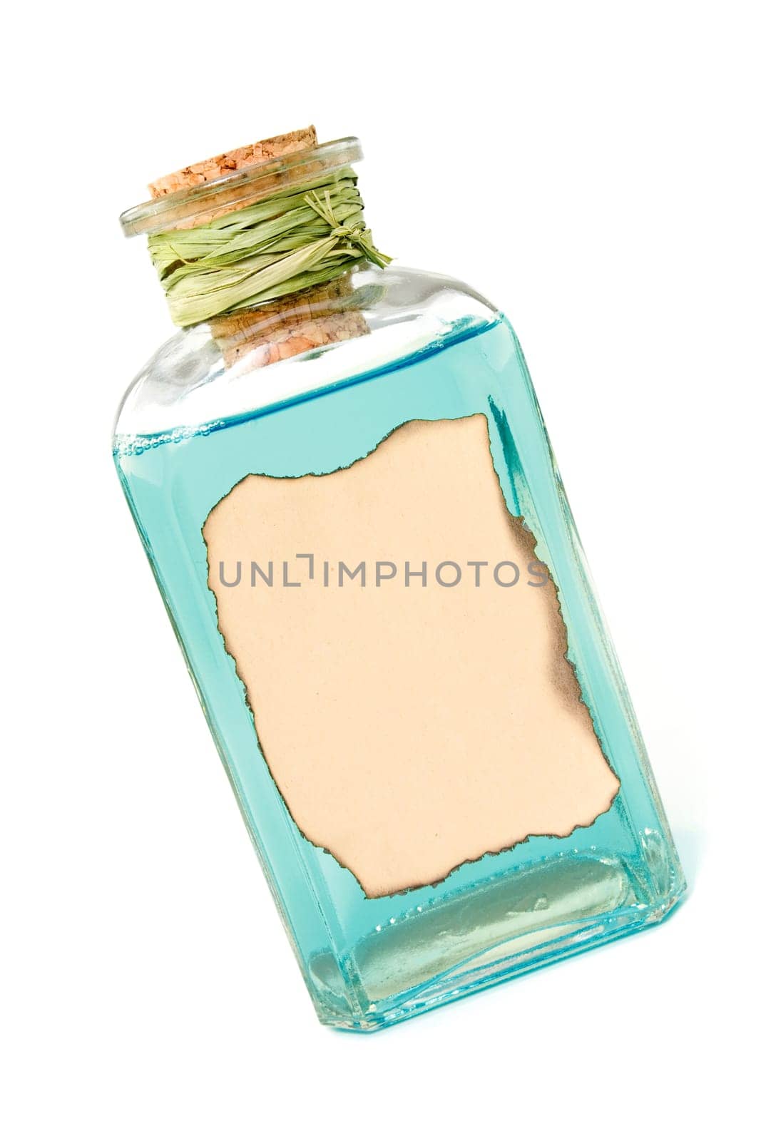 bottle with blue liquid over a white background