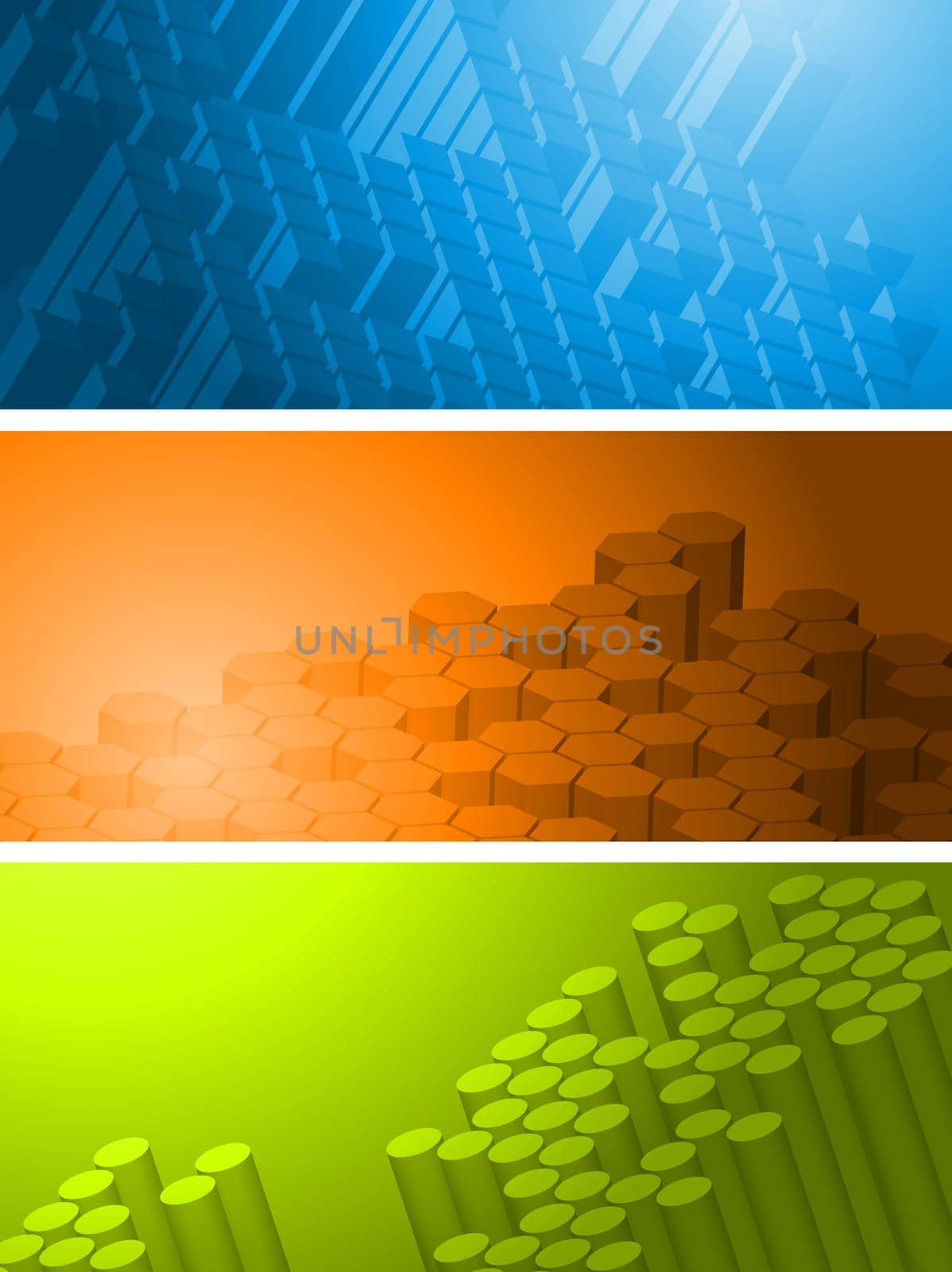 Set of bright tech banners with 3d geometrical elements