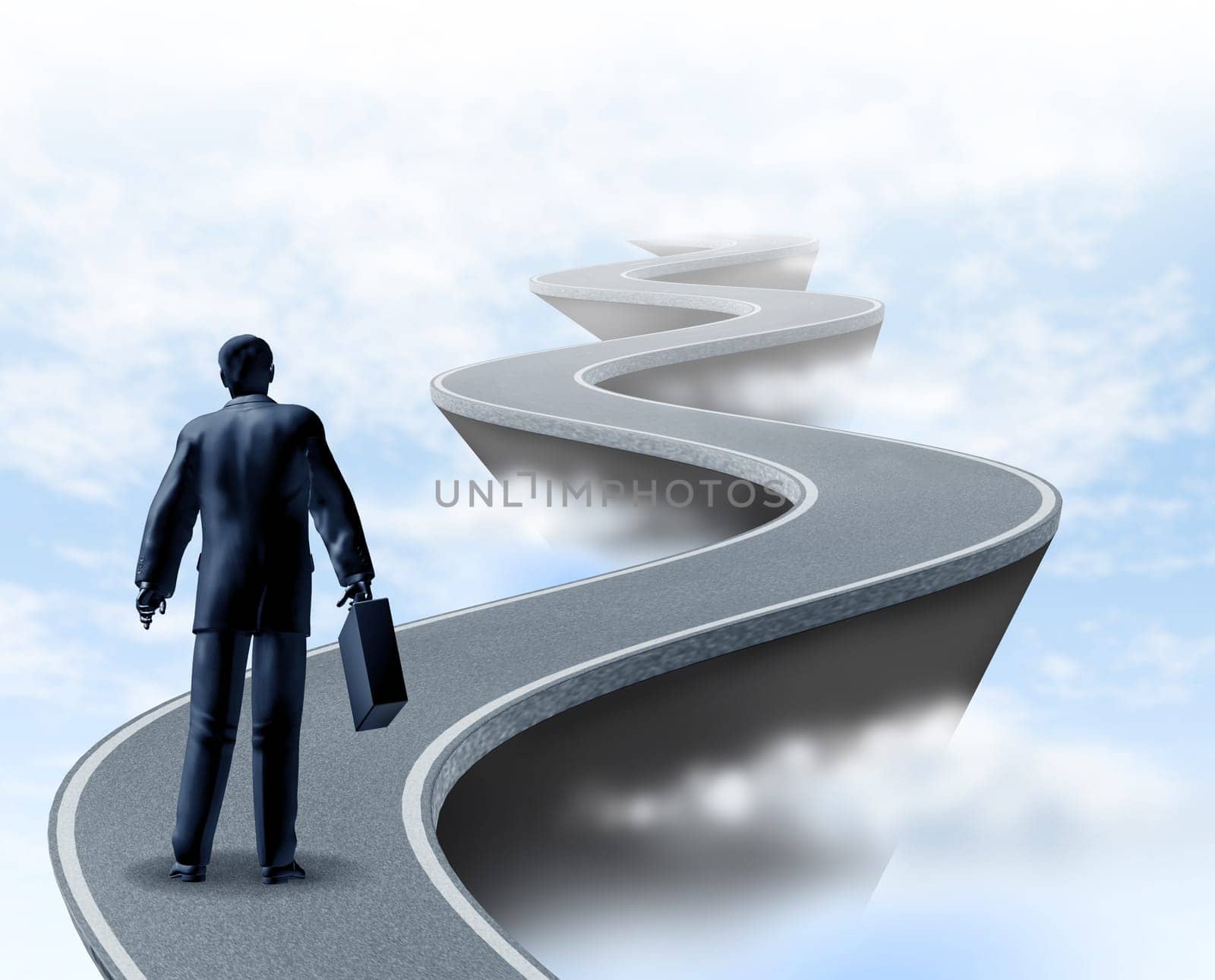 Business uncertainty and risk represented by a winding road high above the clouds showing the concept of danger and extreme challenges faced in business and the corporate world of finance and financial services.