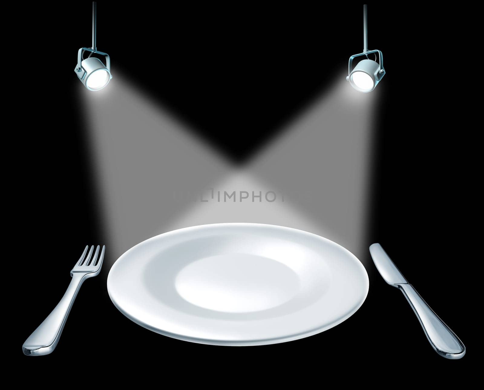 Featured dish on the menu restaurant and dinning symbol represented by a plate with a fork and knife and stage spot lights lights showing the concept of an important presentation announcement on a blank ceramic plate.