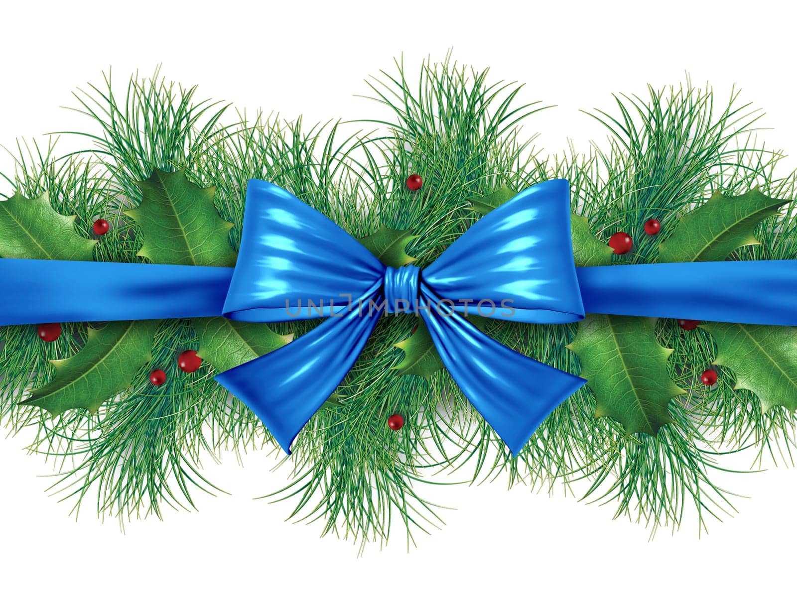 Blue silk bow with pine border ornamental holiday decoration for Christmas festive winter celebration on a white background.